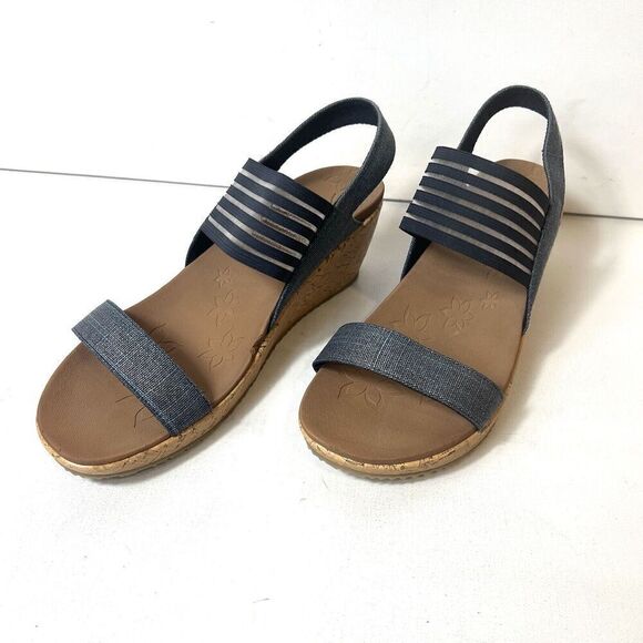 Skechers Luxe Foam Wedge Women's 11 Blue Fabric Sandals Sling Back Open Toe NEW - Picture 2 of 12